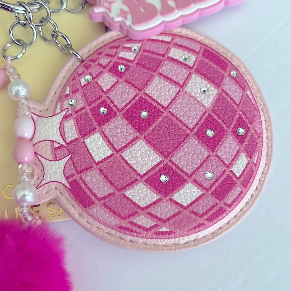 Pink Disco Baby pop art Handbag Charm/Keychain with furry Pom Poms